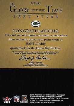 2004 Fleer Greats of the Game - Glory of Their Time Game Used Gold #GT-BS2 Bart Starr Back