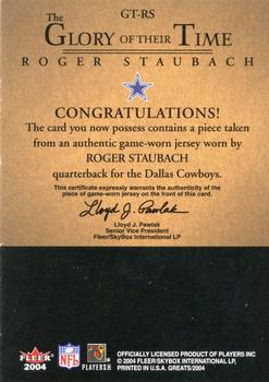 2004 Fleer Greats of the Game - Glory of Their Time Game Used Gold #GT-RS Roger Staubach Back