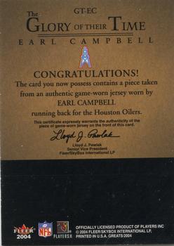 2004 Fleer Greats of the Game - Glory of Their Time Game Used Red #GT-EC Earl Campbell Back