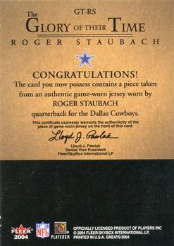 2004 Fleer Greats of the Game - Glory of Their Time Game Used Red #GT-RS Roger Staubach Back