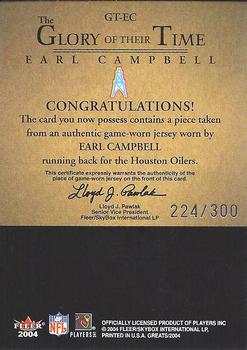 2004 Fleer Greats of the Game - Glory of Their Time Game Used Silver #GT-EC Earl Campbell Back