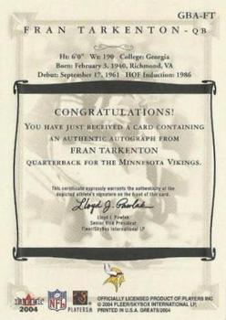 2004 Fleer Greats of the Game - Gold Border Autographs #GBA-FT Fran Tarkenton Back