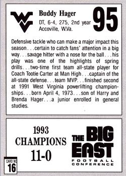 1993 West Virginia Mountaineers Big East Champions #16 Buddy Hager Back