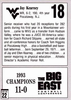 1993 West Virginia Mountaineers Big East Champions #22 Jay Kearney Back