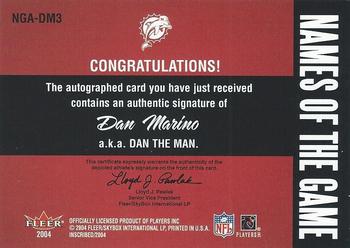 2004 Fleer Inscribed - Names of the Game Autographs #NGA-DM3 Dan Marino Back