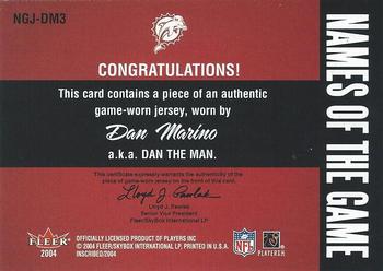 2004 Fleer Inscribed - Names of the Game Jersey Red #NGJ-DM3 Dan Marino Back