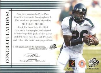 2004 Press Pass - Autographs Bronze #NNO Mewelde Moore Back