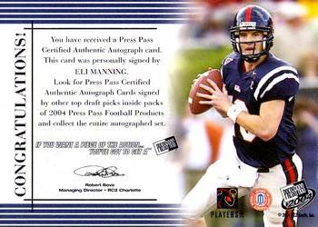 2004 Press Pass - Autographs Silver #NNO Eli Manning Back