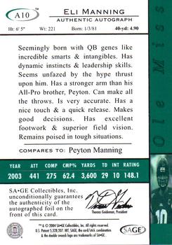 2004 SAGE HIT - Autographs Gold #A10 Eli Manning Back