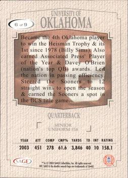 2004 SAGE HIT - Inside the Numbers Emerald #6 Oklahoma Quarterback Back