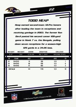 2004 Score - Glossy #22 Todd Heap Back