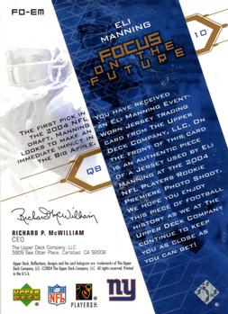 2004 Upper Deck Reflections - Focus on the Future Jerseys Gold #FO-EM Eli Manning Back