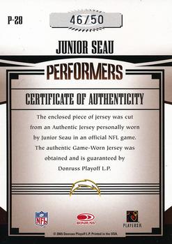 2005 Donruss Gridiron Gear - Performers Jerseys Jumbo Swatch Prime #P-28 Junior Seau Back