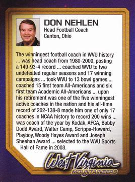 2003 West Virginia Mountaineers Greats Program Cards #NNO Don Nehlen Back