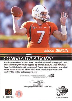 2005 Press Pass - Autographs Bronze #NNO Brock Berlin Back