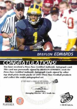 2005 Press Pass - Autographs Gold #NNO Braylon Edwards Back
