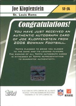 2006 Bowman - Signs of the Future #SF-JK Joe Klopfenstein Back