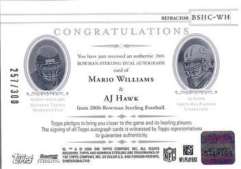 2006 Bowman Sterling - Dual Autographs #BSHC-WH Mario Williams / A.J. Hawk Back