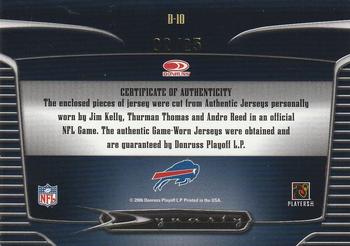 2006 Donruss Threads - Dynasty Materials Prime #D-10 Jim Kelly / Thurman Thomas / Andre Reed Back