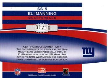 2006 Leaf Rookies & Stars - Statistical Standouts Material Autographs Prime #SS-5 Eli Manning Back