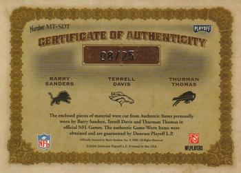 2006 Playoff National Treasures - Material Trios NFL #MT-SDT Barry Sanders / Terrell Davis / Thurman Thomas Back