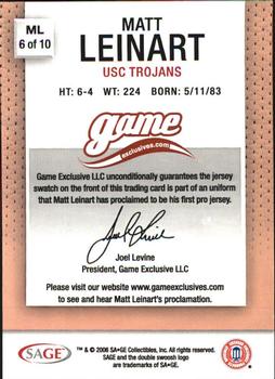 2006 SAGE Game Exclusives - Matt Leinart Jerseys Bronze #ML6 Matt Leinart Back