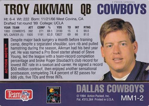 1994 Action Packed - Mammoth 7x10 Series 2 #MM1-2 Troy Aikman Back