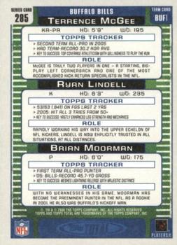 2006 Topps Total - Blue #285 Rian Lindell / Terrence McGee / Brian Moorman Back