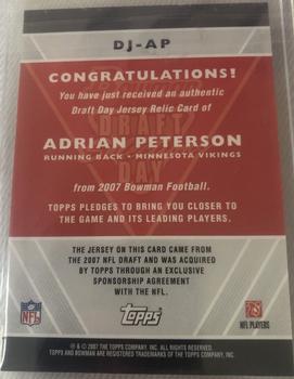 2007 Bowman - Draft Day Selections Relics #DJ-AP Adrian Peterson Back
