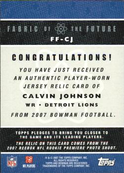 2007 Bowman - Fabric of the Future #FF-CJ Calvin Johnson Back