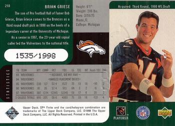 1998 SPx Finite #218 Brian Griese Back