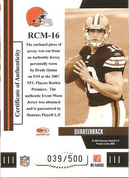 2007 Donruss Threads - Rookie Collection Materials #RCM-16 Brady Quinn Back