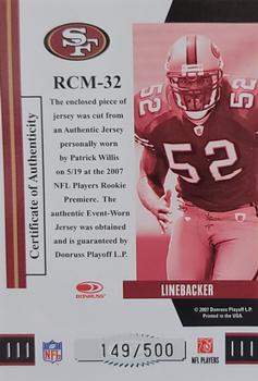 2007 Donruss Threads - Rookie Collection Materials #RCM-32 Patrick Willis Back