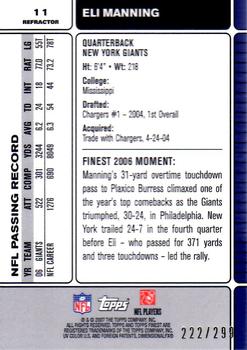 2007 Finest - Blue Refractors #11 Eli Manning Back