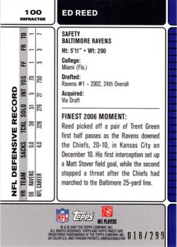 2007 Finest - Blue Refractors #100 Ed Reed Back