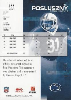 2007 Leaf Rookies & Stars - Rookie Autographs College #238 Paul Posluszny Back