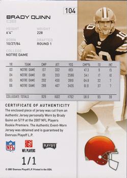 2007 Playoff NFL Playoffs - Materials Platinum Prime #104 Brady Quinn Back