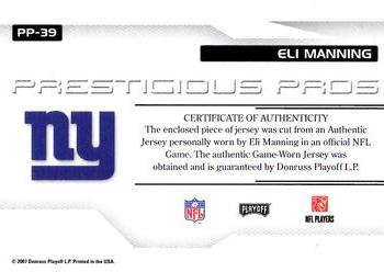 2007 Playoff Prestige - Prestigious Pros Materials Red #PP-39 Eli Manning Back