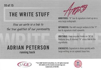 2007 SAGE HIT - Write Stuff #10 Adrian Peterson Back