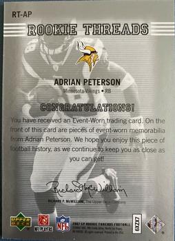 2007 SP Rookie Threads - Rookie Threads Silver #RT-AP Adrian Peterson Back
