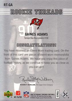 2007 SP Rookie Threads - Rookie Threads Silver #RT-GA Gaines Adams Back