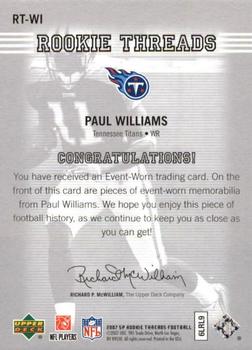 2007 SP Rookie Threads - Rookie Threads Silver #RT-WI Paul Williams Back