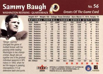 2000 Fleer Greats of the Game #56 Sammy Baugh Back