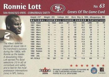 2000 Fleer Greats of the Game #63 Ronnie Lott Back