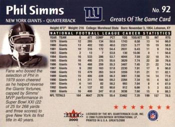 2000 Fleer Greats of the Game #92 Phil Simms Back