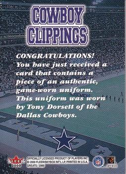 2000 Fleer Greats of the Game - Cowboys Clippings #NNO Tony Dorsett Back