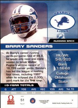 2000 Pacific Omega #51 Barry Sanders Back