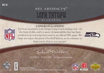 2007 Upper Deck Artifacts - NFL Artifacts #NFL-TA Lofa Tatupu Back
