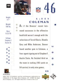 2000 SP Authentic #161 KaRon Coleman Back