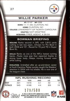 2008 Bowman - Blue #27 Willie Parker  Back